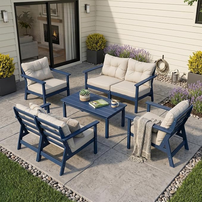 HDPE Patio Conversation Set 6 Seats, Outdoor Furniture Set, Patio Sofa Set | Water-Resistant Thick Cushion, HDPE All Weather, Wood-Grain, No Rot or Rust or Crack, UV Fade Shield, Easy-Clean for Outside