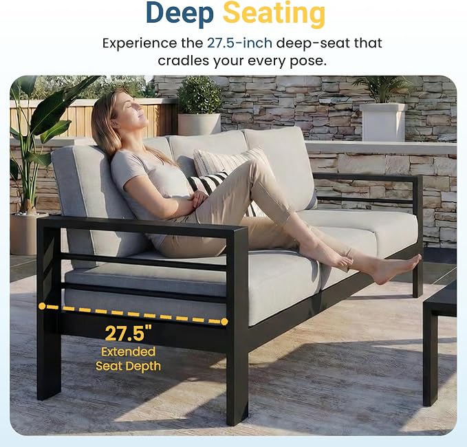 Wisteria Lane 5 Pieces Aluminum Patio Furniture Set with Umbrella, All Weather Oversized Outdoor Furniture Set with Deep Seat and Back Cushion, Patio Conversation Sets Wide armrest, Light Gray & Navy