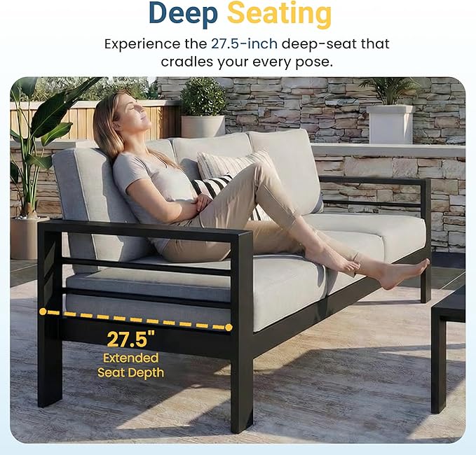 Wisteria Lane 5 Pieces Aluminum Patio Furniture Set with Umbrella, All Weather Oversized Outdoor Furniture Set with Deep Seat and Back Cushion, Patio Conversation Sets Wide armrest, Light Gray & Navy