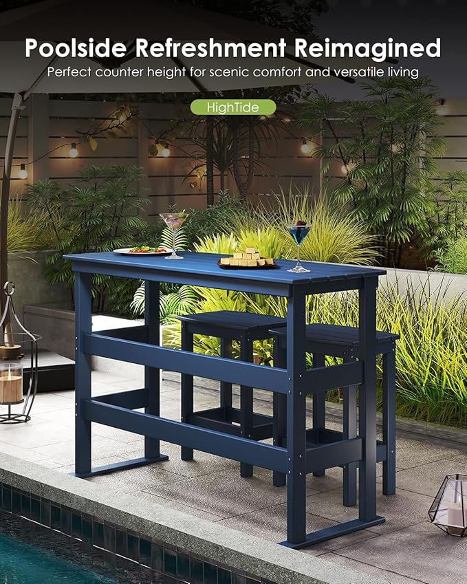 GREENVINES Outdoor-Bar-Set | HDPE Plastic | 3-Piece | 37″ Counter Height Patio Table & 2 Backless Stools | Rectangle | High Top | All Weather | for Backyard Balcony Poolside | Blue