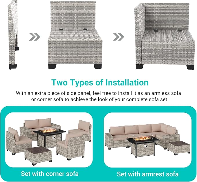 7-Piece Outdoor Patio Furniture Set with 55,000 BTU Fire Pit Table, PE Wicker Rattan Sectional Sofa Patio Conversation Set with Thickened Cushions & Coffee Table, Sand