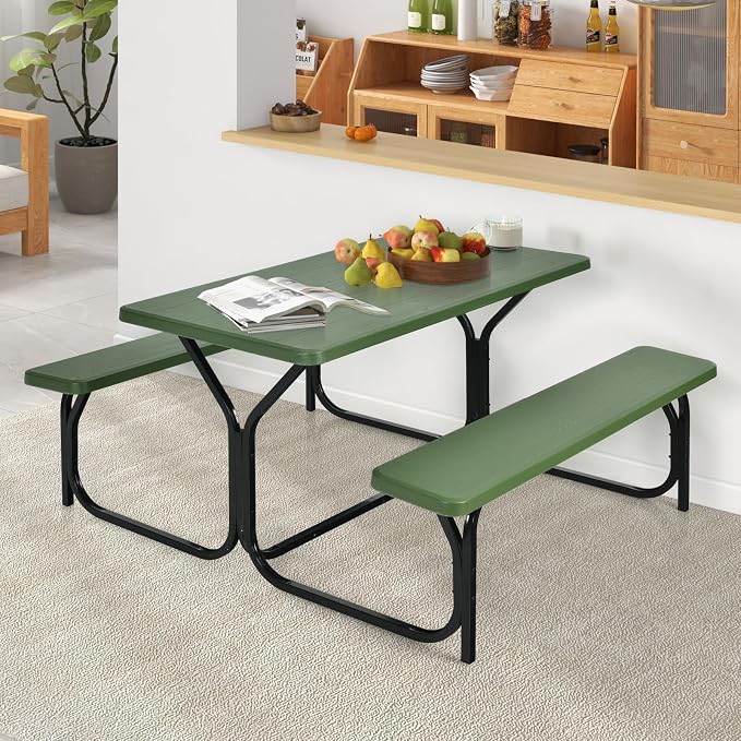 ORALNER Picnic Table, Resin Dining Table & 2 Benches Set, Weather Resistant Wood Grain Plastic Tabletop & Steel Frame, Picnic Tables for Outdoors, Porch Yard Patio Lawn Party Camping (Green)