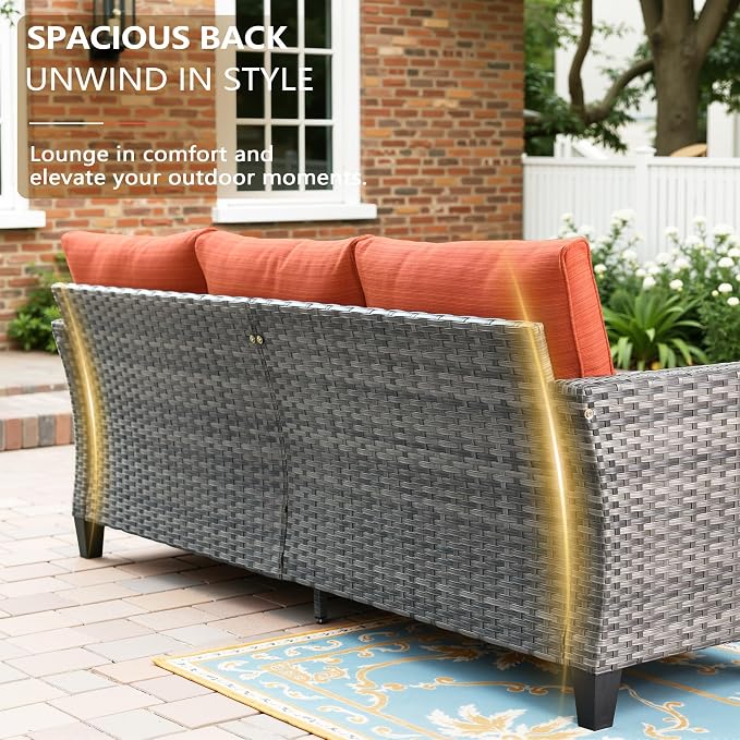 CAODOC Patio Furniture, All Weather Wicker 6 PCS Outdoor Sofa with High Back Swivel Rocker Chairs, Conversation Set with Solar Light Coffee Table,Light Rattan Red Cushion