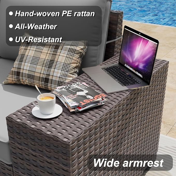 ALAULM 6 Pieces Patio Furniture Set, Oversized Seat/Armrest Sofas and High Back Wicker Sectional Furniture Set with Thick Cushion for Backyard, Garden, Grey
