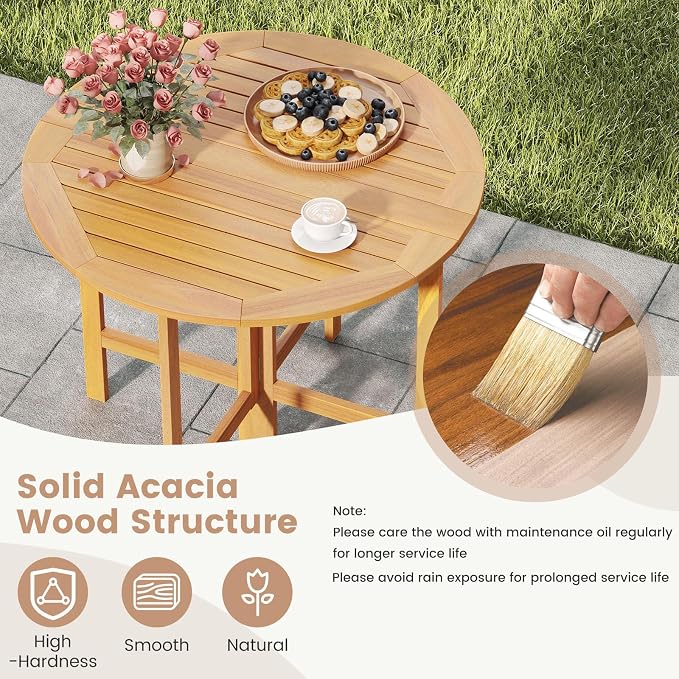 Tangkula 2 Pieces 36 Inches Outdoor Folding Round Dining Table, No Assembly Patio Acacia Wood Bistro Table with Slatted Tabletop, for Backyard, Porch, Balcony