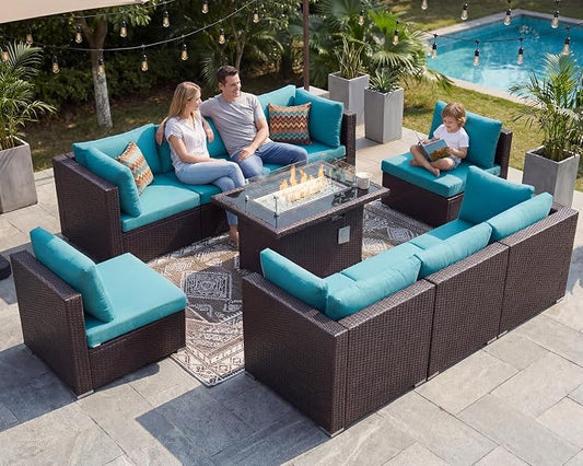 BULEXYARD 9 Pcs High Back Outdoor Sectional Set with Firepit Table, High-End Patio Furniture Seating Set, Big Oversized Wide Deep Modular 8-Seater Couch Sofa for Backyard, Brown Wicker & Teal Cushion