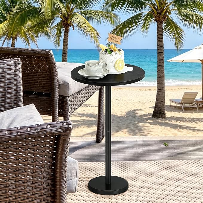 Small Round Side Table Black Drink Table with Marble Base, Modern Weighted Martini Pedestal Table for Small Spaces, Living Room, Bedroom, Sofa Couch, Office