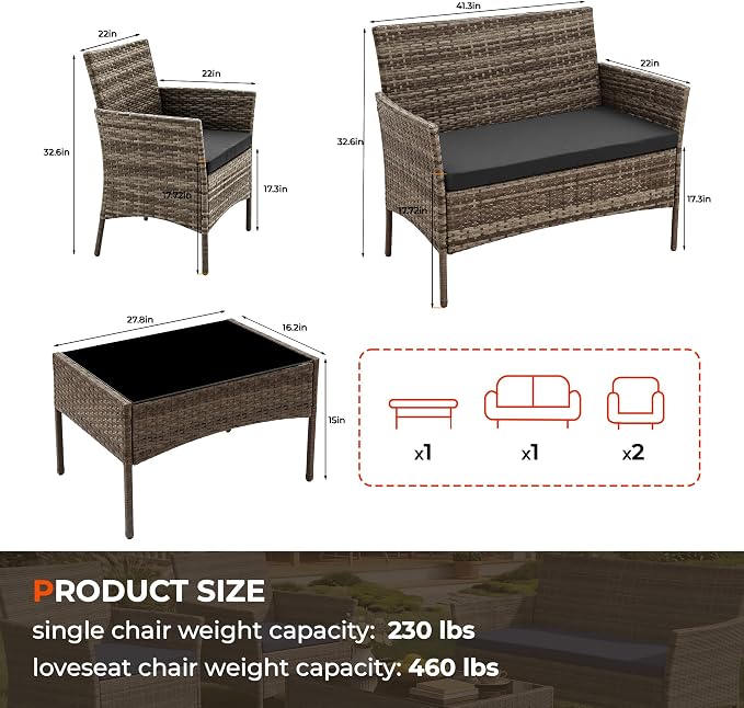 4 Pieces Outdoor Patio Furniture Set, Wicker Patio Conversation Set with Tea Table, All-Weather Outside Rattan Sectional Sofa for Backyard, Poolside, Garden, Balcony, Brown/Gray