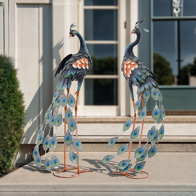 36" Peacock Decor Set of 2, Metal Yard Art Hand-Painted | Oversized Garden Statues & Sculptures for Lawn, Flower Beds, Patio, Backyard , Indoor Kitchen & Home Decor,Weatherproof