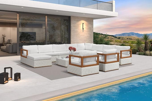 PURPLE LEAF Patio Outdoor Furniture Set 13 Pieces, Premium Leather Outdoor Couch Sectional Sofa, L-Shaped Patio Conversation Sets with Olefin Cushions, Patio Couch for Porch, Balcony, Garden, White