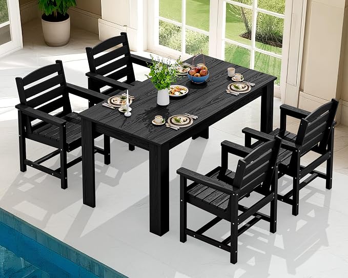 SERWALL 59" HDPE Outdoor Dining Set for 4, w/ 1 Table & 4 Armchairs, Black | All Weather Resistant HDPE Dining Sets for Patio, Garden, Backyard