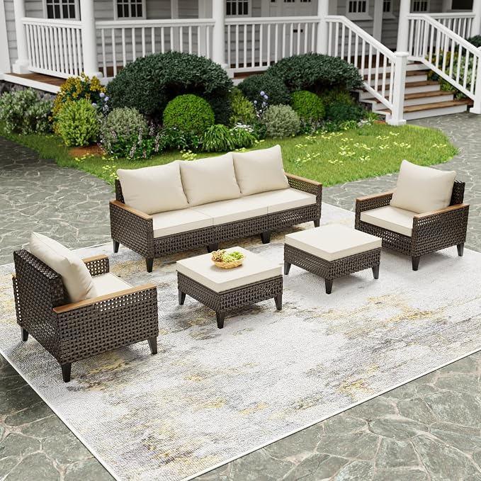 7 Piece Outdoor Sectional Sofa Set, All-Weather Wicker Rattan Patio Furniture Set with High Backrest and Thick Cushions for Garden, Porch, Poolside, Beige