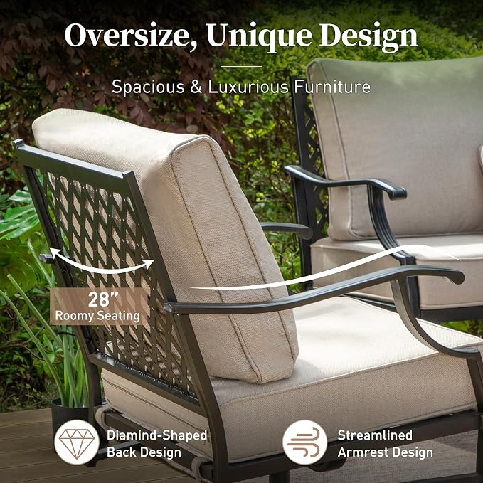 SUNSHINE VALLEY Patio Furniture Set with Firepit Table, Metal Outdoor Patio Furniture, 2 Swivel Chairs, 3 Seater Sofa, 2 Ottomans with 5.75" Extra Thick Cushion and Gas Firepit Table for Backyard Deck