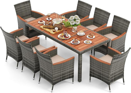 9 Pieces Outdoor Wicker Dining Set with Umbrella Hole, Patio Dining Furniture Set with Acacia Wood Table and Chairs, Garden Dining Table Set for Backyard, Desk, Poolside (Gray)