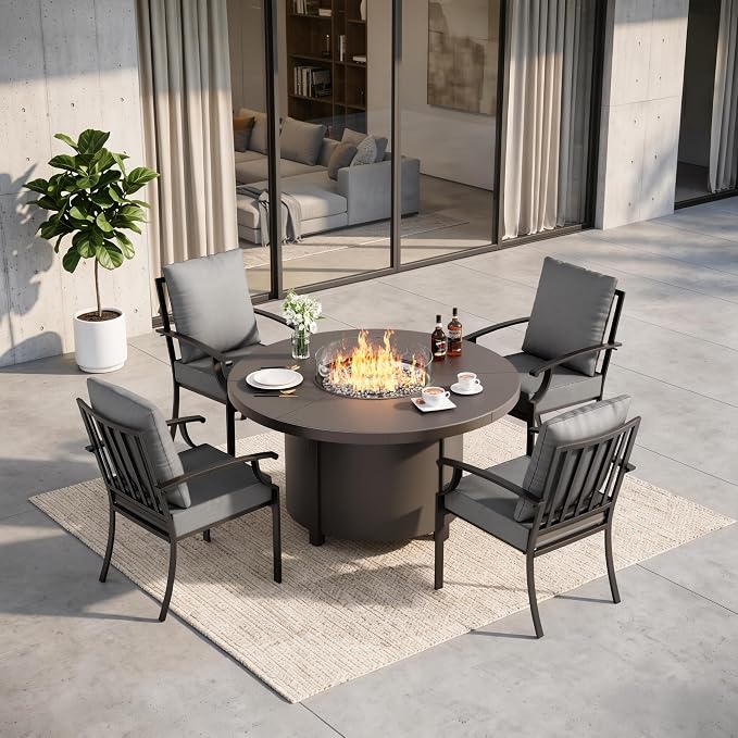 5 Pieces Outdoor Patio Furniture Set with 48" 55000 BTU Round Propane Fire Pit Table,Patio Dining Set Outdoor Conversation Sets 4 Chairs for Deck,Backyard and Garden,Grey