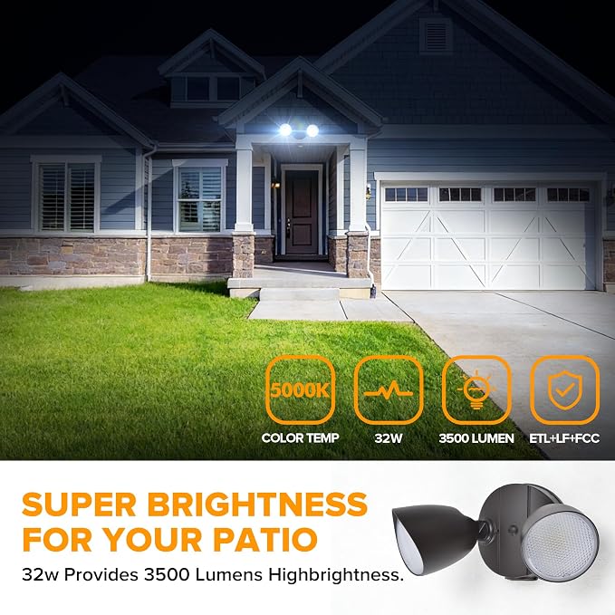 LUTEC 3500 Lumen 32 Watt 28 LED Dual-Head Floodlight Outdoor, Full Metal Design, Waterproof Exterior Security Wall Light for Patio, Garden, Yard-Brown