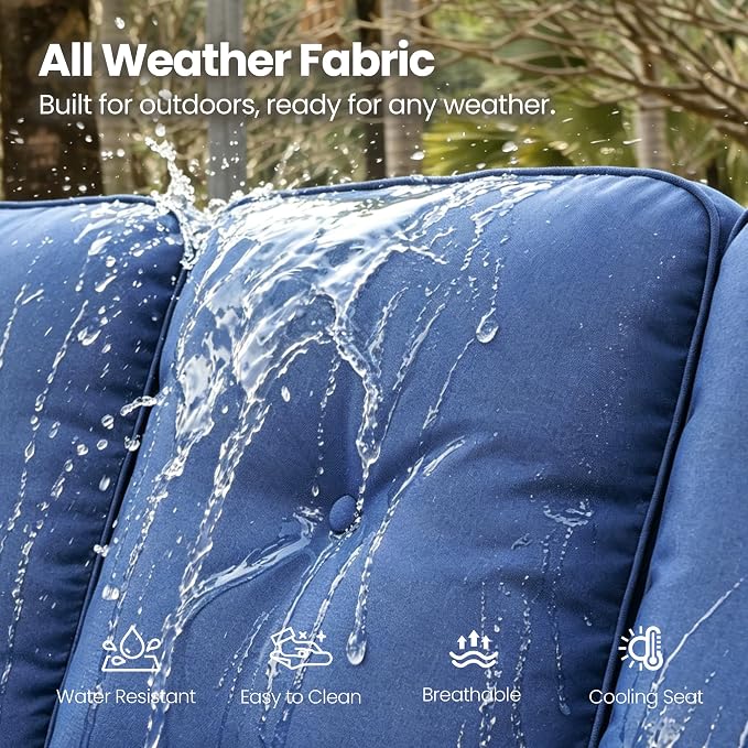 6 Piece Patio Furniture Set with Solar Lights Coffee Table, Outdoor Wicker High Back Sofa Chairs Ottomans with Cushions, All Weather Conversation Set for Backyard Porch Deck, Navy Blue
