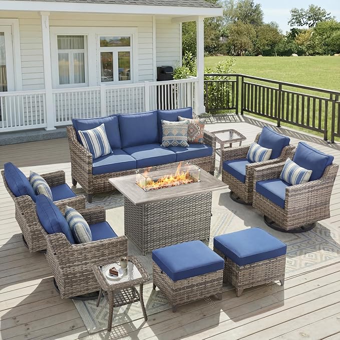 Patio Furniture Set with 42.5" Fire Pit Table-10 Pieces All Weather Wicker Outdoor Furniture with High Back Swivel Patio Chairs Set of 4 Outdoor Patio Conversation for Deck Garden Blue/Gray