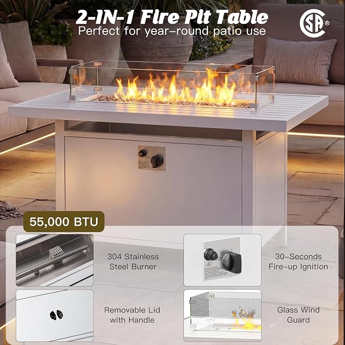 Aluminum Outdoor Patio Furniture Set with Swivel Chairs,10-Piece Outdoor Sectional with 5.2" Thick Cushions, Patio Conversation Sets with Plus Fire Pit for Backyard,(White,7 Seats)