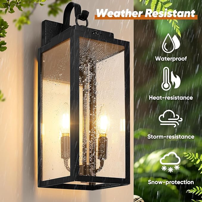 BesLowe 2-Pack 17.5" Upgraded Motion Sensor Outdoor Wall Lights, Black | Auto ON/OFF, 3 Lighting Modes, Waterproof, Rust-Resistant, Durable Metal with Clear Glass, Dual E12 Sockets, Easy to Install
