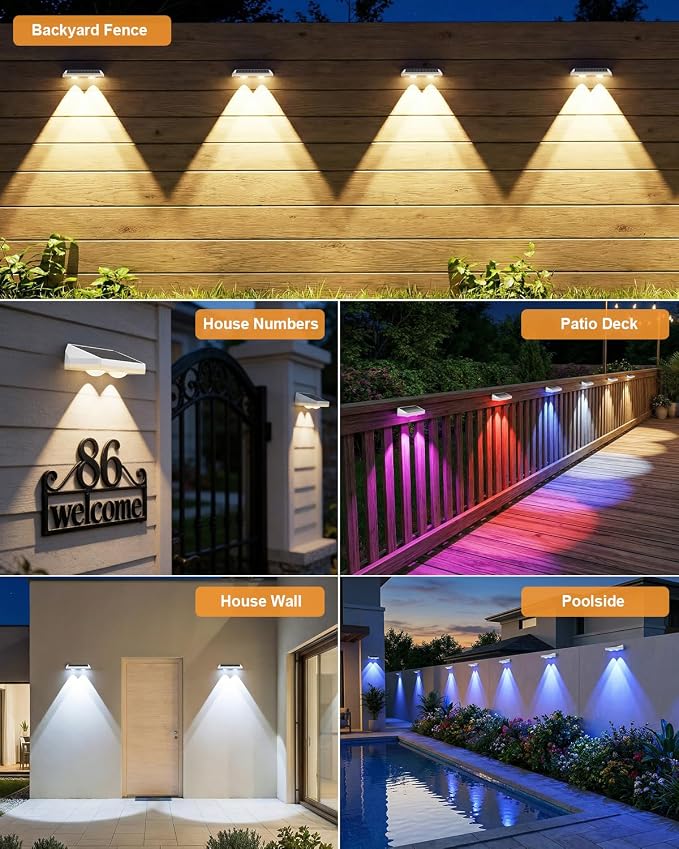 Solar Fence Lights Outdoor ,3000/4500/6000K 13 Mode, 8 Pack Fence Lights Solar Powered with Ultra-Bright Lens IP65 Waterproof,Solar Wall Light for Backyard/Step/Patio/Deck/Stair/Railings(White)