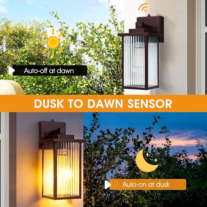 13" Bronze Dusk to Dawn Outdoor Light, Exterior Light Fixture | Auto On and Off, Anti-Rust Metal Frame, Tempered Glass, E26 Socket, Easy DIY Install on Porch, Garage
