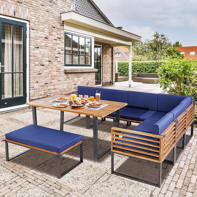 Tangkula Patio Dining Set for 8, Acacia Wood Heavy Duty L Shaped Outdoor Sectional Sofa Set with Soft Padded Cushions, for Backyard Poolside Deck Garden (Navy Blue)