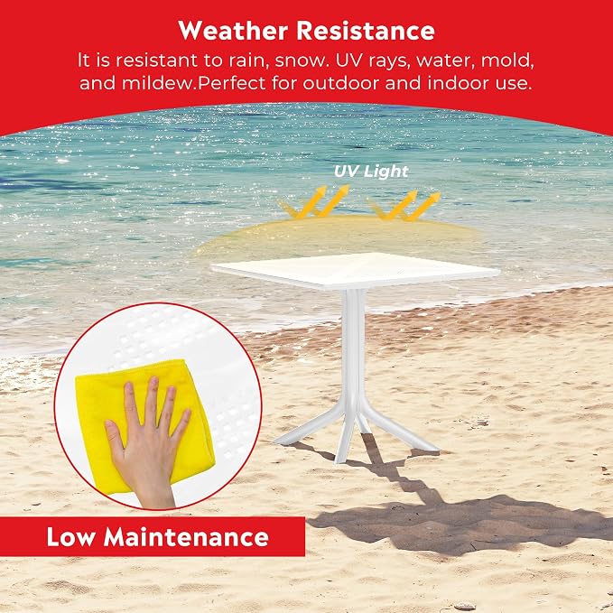 Costaelm Patio Dining Table for 4, Square PP Patio Table, 4-Person Weather Resistant Porch Tables for Outside Poolside Deck Lawn Garden Backyard, White