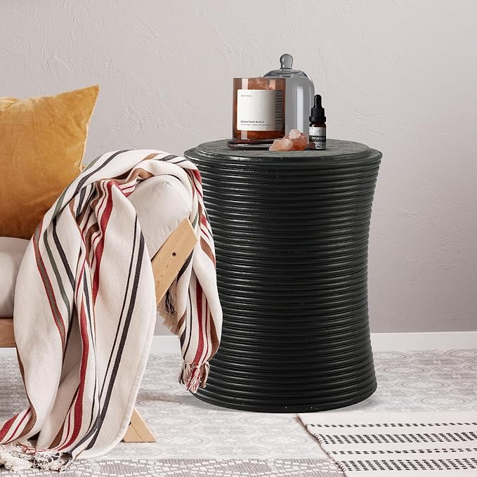 HOMPUS Concrete Outdoor Side Table w Cylindrical Thread, Round Coffee Table, Home Decor Plant Stand Outdoor Accent Table Patio Drum End Table for Living Room, Bedroom or Balcony, Black