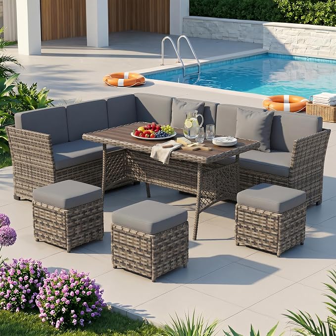 Patio Furniture Set, 7 Pieces Outdoor Dining Sets, All Weather Rattan Conversation Set, Outdoor Dining Sectional Sofa with Large Dining Table, Ottoman (White Black-Light Grey, A-7 Pieces)