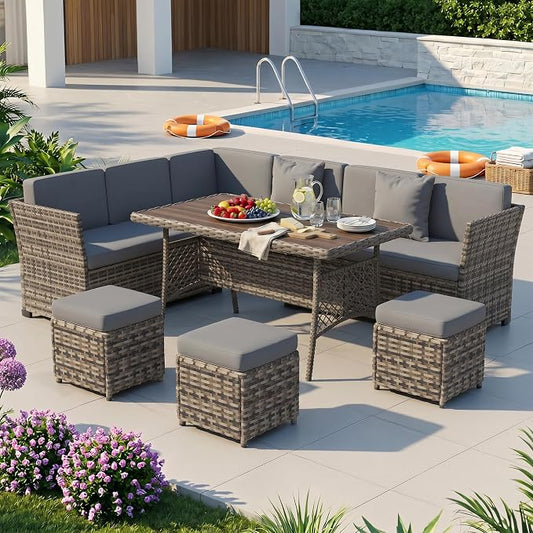 Patio Furniture Set, 7 Pieces Outdoor Dining Sets, All Weather Rattan Conversation Set, Outdoor Dining Sectional Sofa with Large Dining Table, Ottoman (White Black-Light Grey, A-7 Pieces)