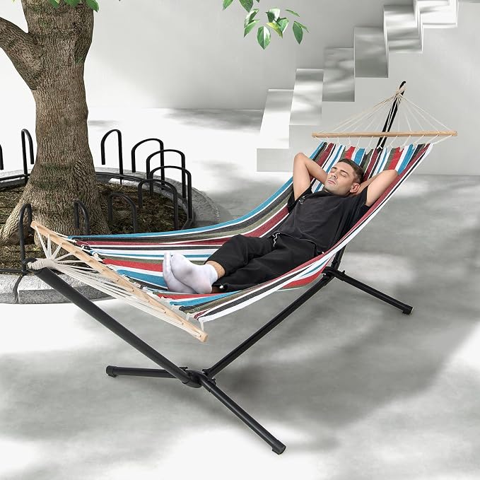 Giantex 10.5FT Hammock with Stand, Heavy Duty Stand with Foldable Hammock, Portable Carrying Bag & Bamboo Spreader Bar, Outdoor Swing Chair for Garden, Backyard, Patio, Max 330 lbs (Multi-Color)