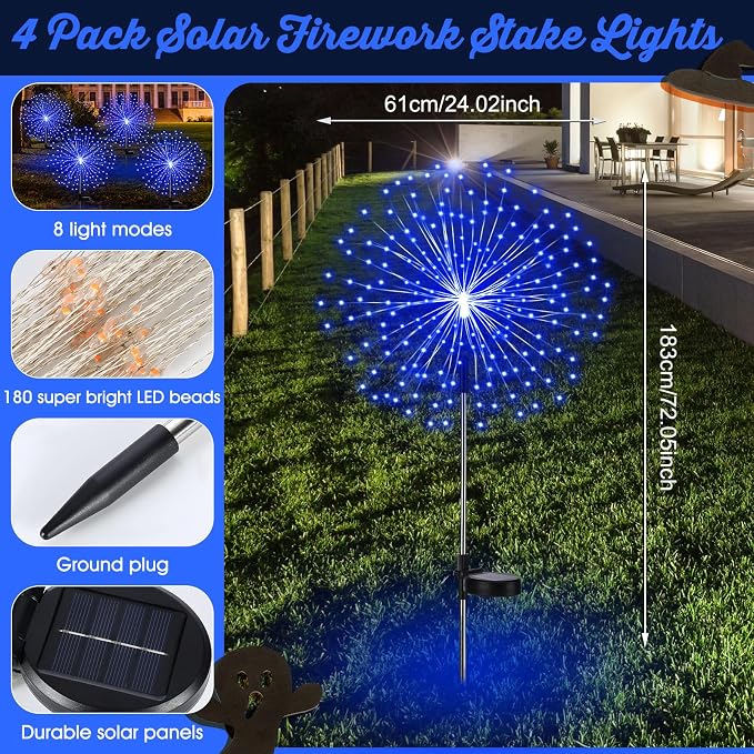 Tujoe Halloween Decoration Outdoor 4 Pack Solar Firework Light with 180 LED Halloween Solar Lights 8 Lighting Modes for Yard Garden Pathway Party Decoration(Blue)