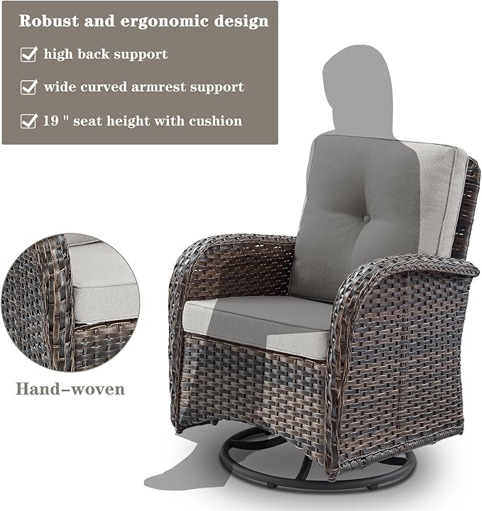 Belord Patio Wicker Chairs Swivel Rocker - Outdoor Swivel Rocking Chairs Set of 2 with Rattan Side Table, Patio Swivel Glider Chair 3 Piece Patio Furniture Sets for Deck Porch Pool Brown/Beige