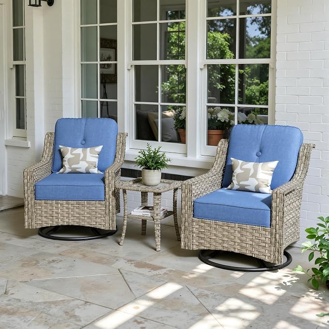 3 Piece Patio Furniture Set, Outdoor High Back Swivel Rocker Chairs Set of 2 with Side Table, All Weather Wicker Glider Chair with Thick Cushions for Backyard Balcony Porch, Sapphire Blue