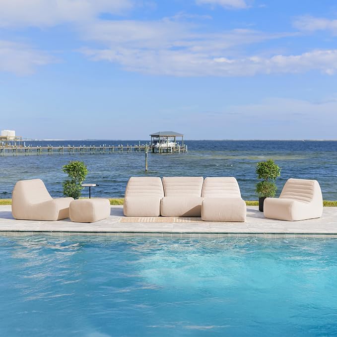 Big Joe Solvana Outdoor Sectional, 7 Piece Patio Furniture Set, Performance Linen Weather-Resistant Fabric Sofa, Sunlit Cream