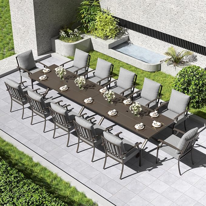 Kullavik 14 Pieces Outdoor Dining Set,Patio Dining Table and Chairs Set for 12,Fence Pattern Back Chairs with Thickened Cushions & Rectangular Metal Dining Table with Umbrella Hole for Patio,Grey