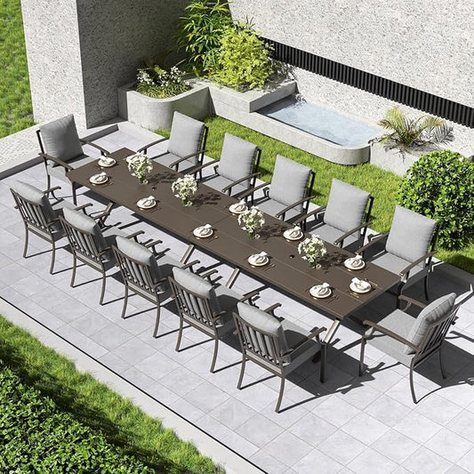 Kullavik 14 Pieces Outdoor Dining Set,Patio Dining Table and Chairs Set for 12,Fence Pattern Back Chairs with Thickened Cushions & Rectangular Metal Dining Table with Umbrella Hole for Patio,Grey