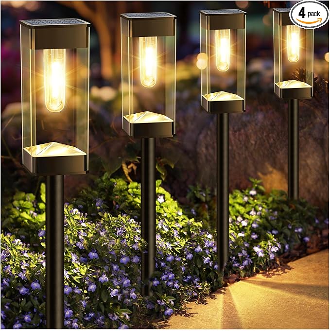 Solar Pathway Lights Outdoor Waterproof Landscape Lighting 4 Pack | Solar Lights Outdoor for Yard Driveway Garden Walkway Lawn Path Decor, Auto On/Off, LED Bright 3000K Tungsten Filament Bulb