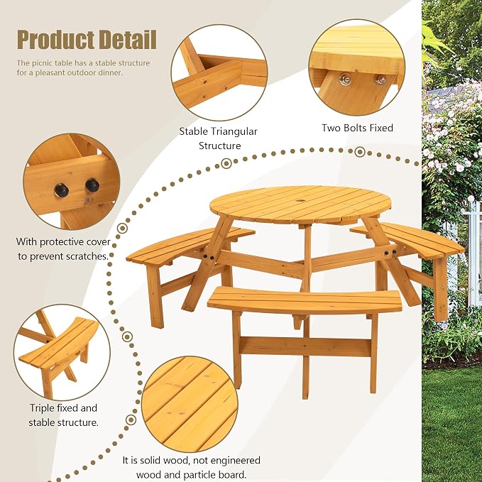 Thanaddo 6-Person Outdoor Circular Wooden Picnic Table, Camping Dining Table w/ 3 Built-in Benches, Outside Table Set with Umbrella Hole, 1720lb Capacity for Garden Patio Backyard - Natural