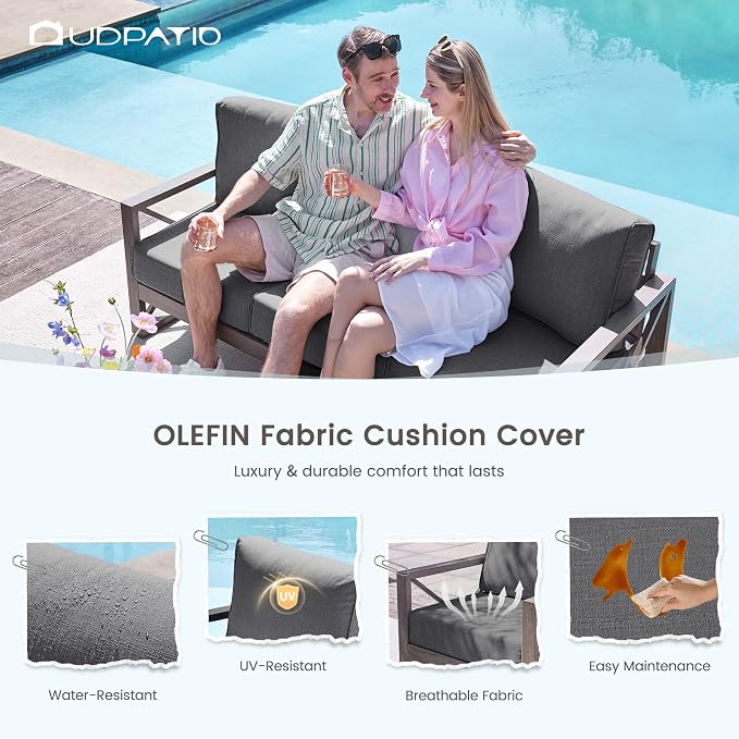 UDPATIO Aluminum Patio Furniture Set, Faux Wood Grain Modern Outdoor Furniture, 6" Cushions Metal Patio Conversation Sofa with Fire Table for Poolside Deck, 8 PCS, Dark Grey(Include 600D Covers)