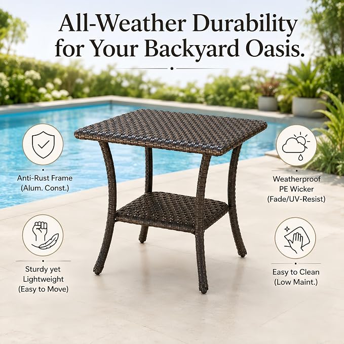 HUMMUH Brown Wicker Patio Side Table with 2-Tier Storage Shelf | Aluminum frame, weather-resistant PE rattan, 23.5x23.5x21.5 inches, includes assembly accessories