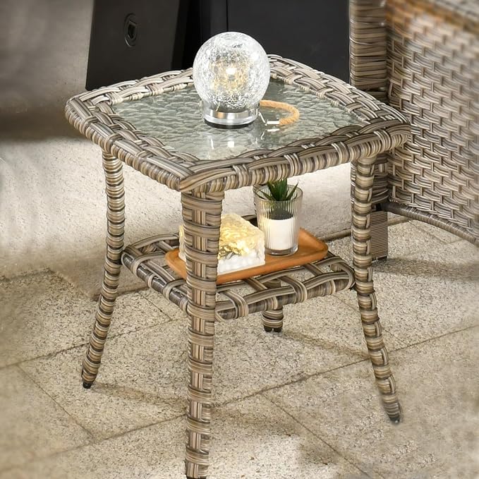 HOOOWOOO Outdoor Patio Side Table with 2 Layers,Wicker Coffee End Table Glass Top,Deck Table for Yard,Deck,Porch,Garden(Brown)
