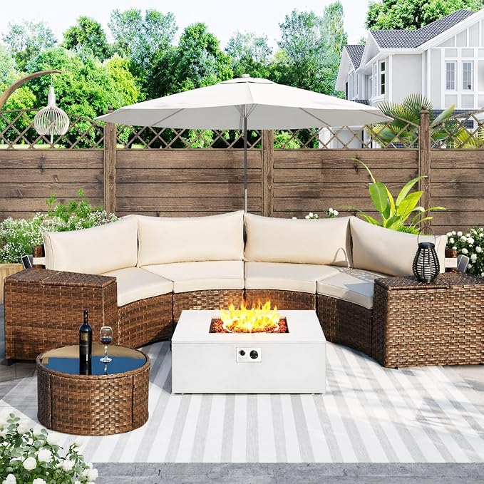 ECOTOUGE 8-Piece Half-Moon Curved Patio Furniture Set with Fire Pit Table, Wicker Rattan Sectional Sofa with Thick Cushions, Outdoor Conversation Set for Backyard Garden No Tank Cover(Beige, White)