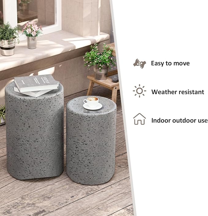 HOMPUS Outdoor Concrete Side Table Set of 2, Outdoor Nesting Table Round w Spotted Modern Vintage MgO, Lightweight Functional Patio Accent Table for Indoor Outside, Garden, Deck, Poolside, Grey