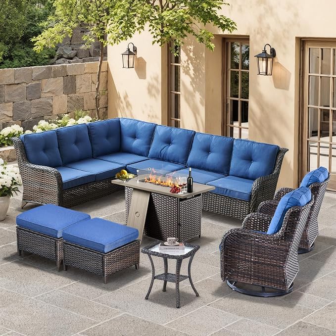 HUMMUH 8 Pieces Outdoor Patio Furniture Set with Fire Pit,L-Shaped Modular Sectional Couches with Swivel Patio Chairs,Wicker Conversation Set for Deck,Backyard,Porch,Garden