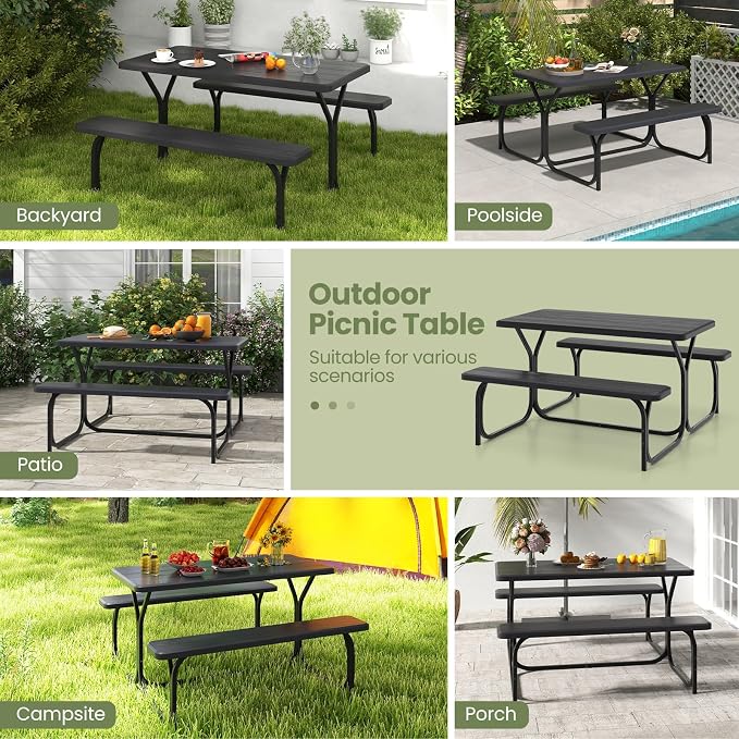 S AFSTAR Picnic Table, 59” Plastic Picnic Table with Benches, Steel Frame & Wood-Like Texture Tabletop, Expanded Rectangular Camping Table Chair Set for Garden Patio Lawn Deck (Black)