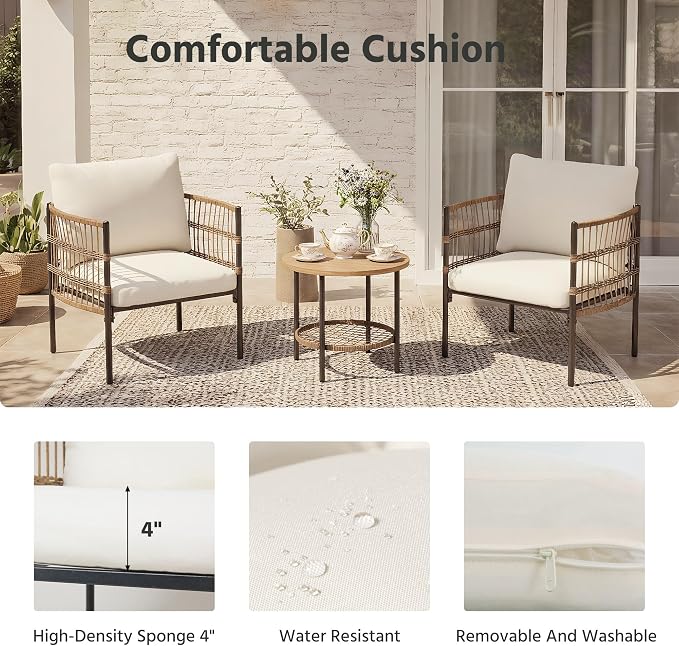 LAUSAINT HOME 3-Piece Outdoor Patio Furniture, All-Weather Wicker Patio Conversation Set with Thick Cushions and 2-Tier Coffee Table for Patio, Balcony, Backyard, Beige