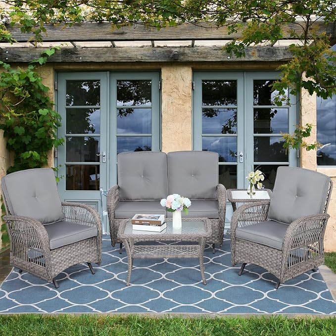 5-Piece Wicker Patio Furniture Sets Outdoor All-Weather Rattan Conversation Set Includes Glider Loveseat, 2 Glass-Top Coffee Tables, 2 Glider Rocker Chairs for Porch Backyard, Gray