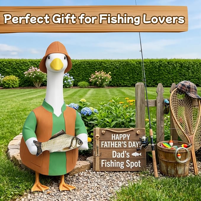 23" Porch Goose Outfits for Garden Yard Decor | Porch Goose Fisherman Outfit, Goose Clothes for Cement Duck for Summer Patio Party Decoration